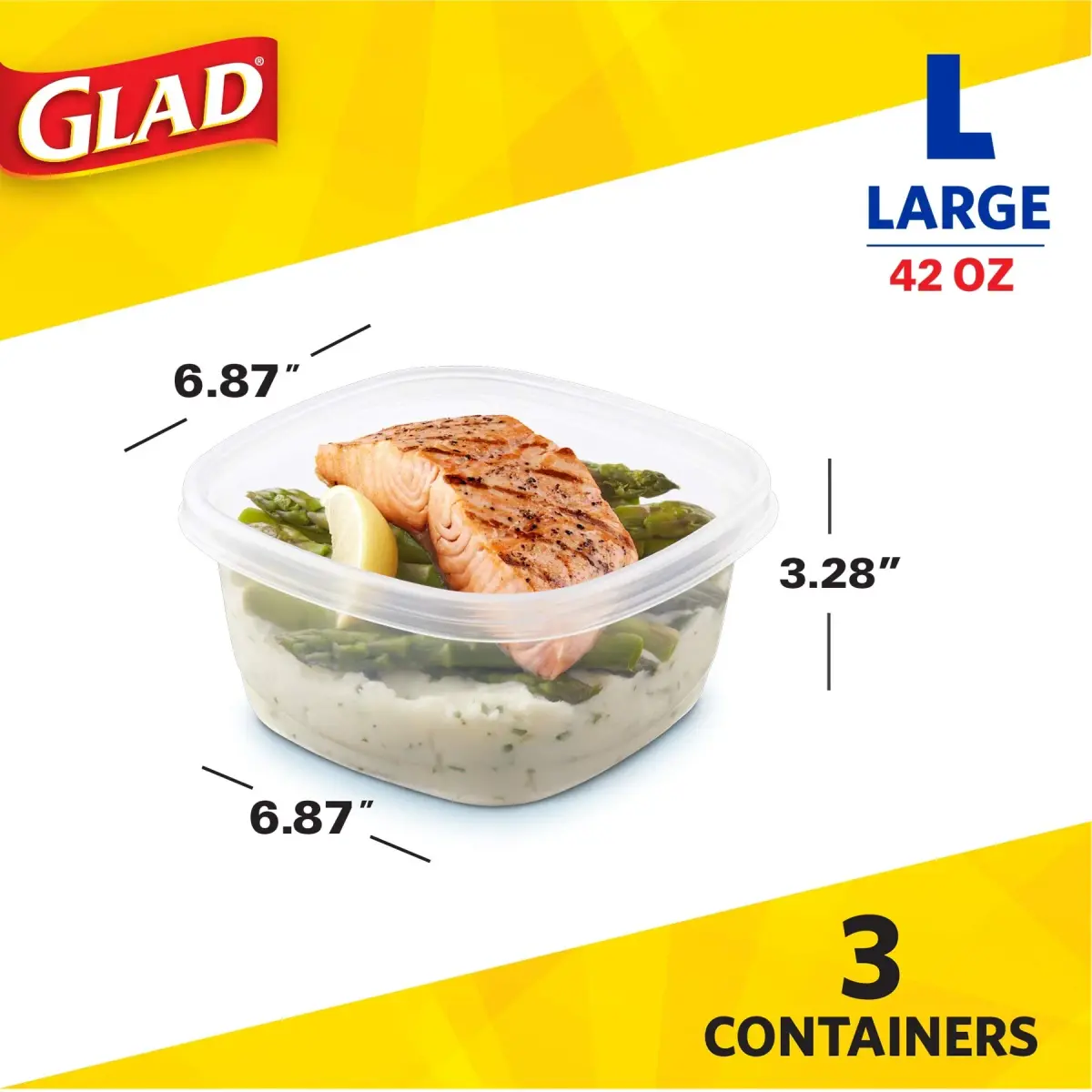 Glad GladWare Tall Entree Containers with Lids - Large Square 42 Oz, 3 Count, BPA Free Plastic - view 2