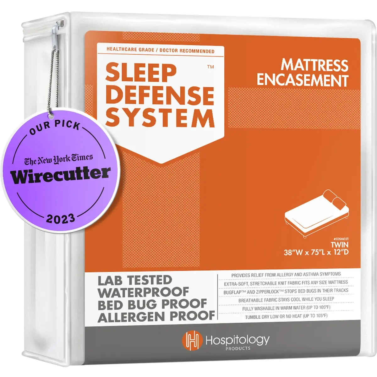Hospitology Products Zippered Mattress Encasement Twin 38"x75" (96.5cm x 190.5cm) | Waterproof Bed Bug & Dust Mite Protection - main product image