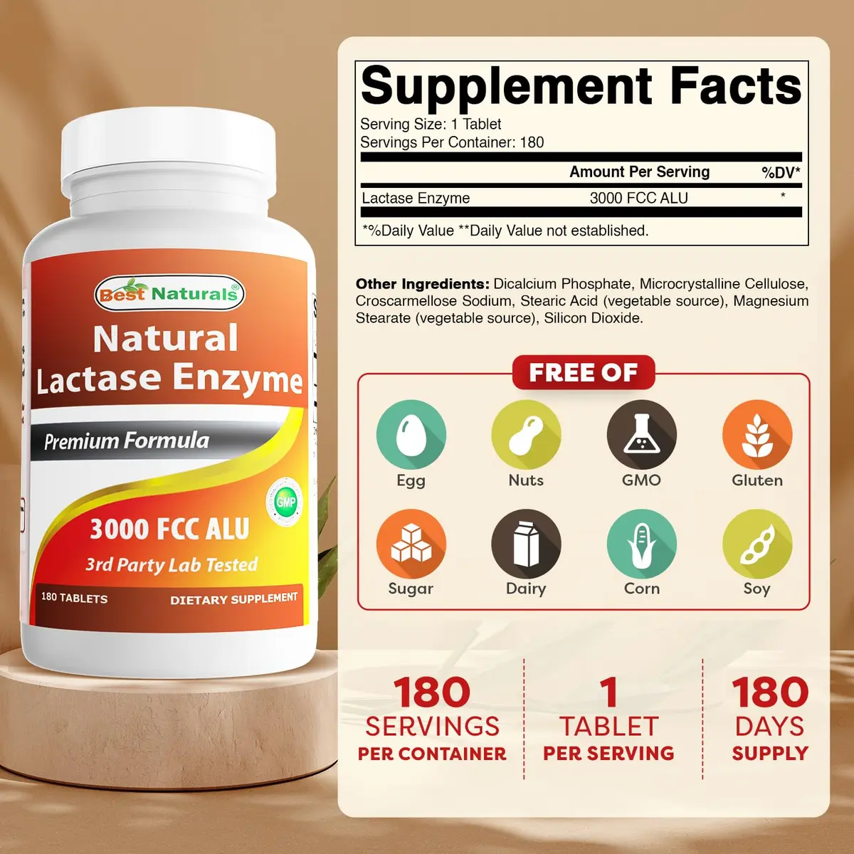 Best Naturals Lactase Enzyme Tablets 180 Count | Supports Dairy Digestion & Lactose Tolerance - view 2