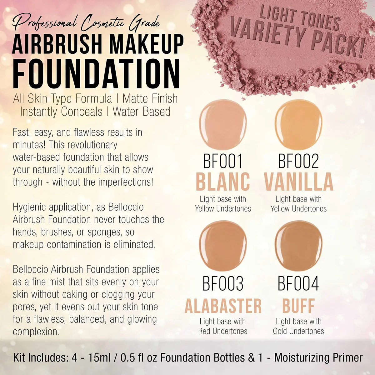 Belloccio Fair Color Shade Airbrush Makeup Foundation Set, 4 Colors | Moisturizing, Hypoallergenic & Made in USA - view 2