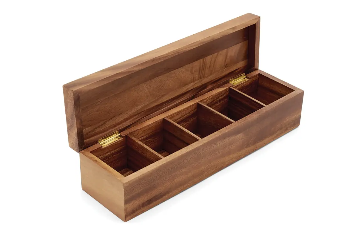 Ironwood Gourmet Large 5 Compartment Tea Box, Acacia Wood Tea Bag Organizer With Lid - main product image