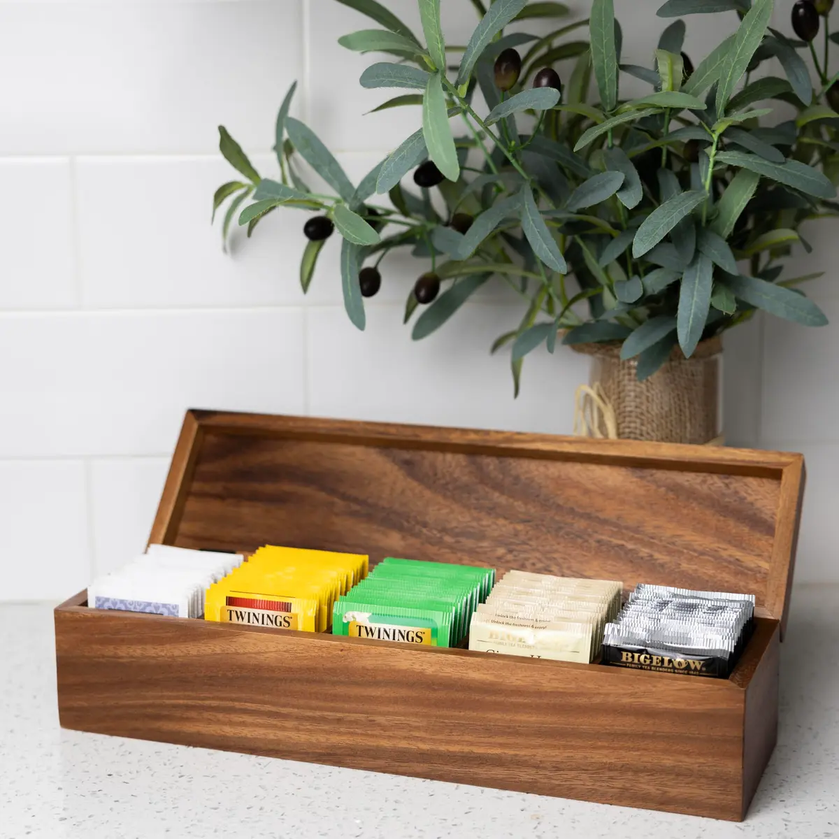 Ironwood Gourmet Large 5 Compartment Tea Box, Acacia Wood Tea Bag Organizer With Lid - view 2