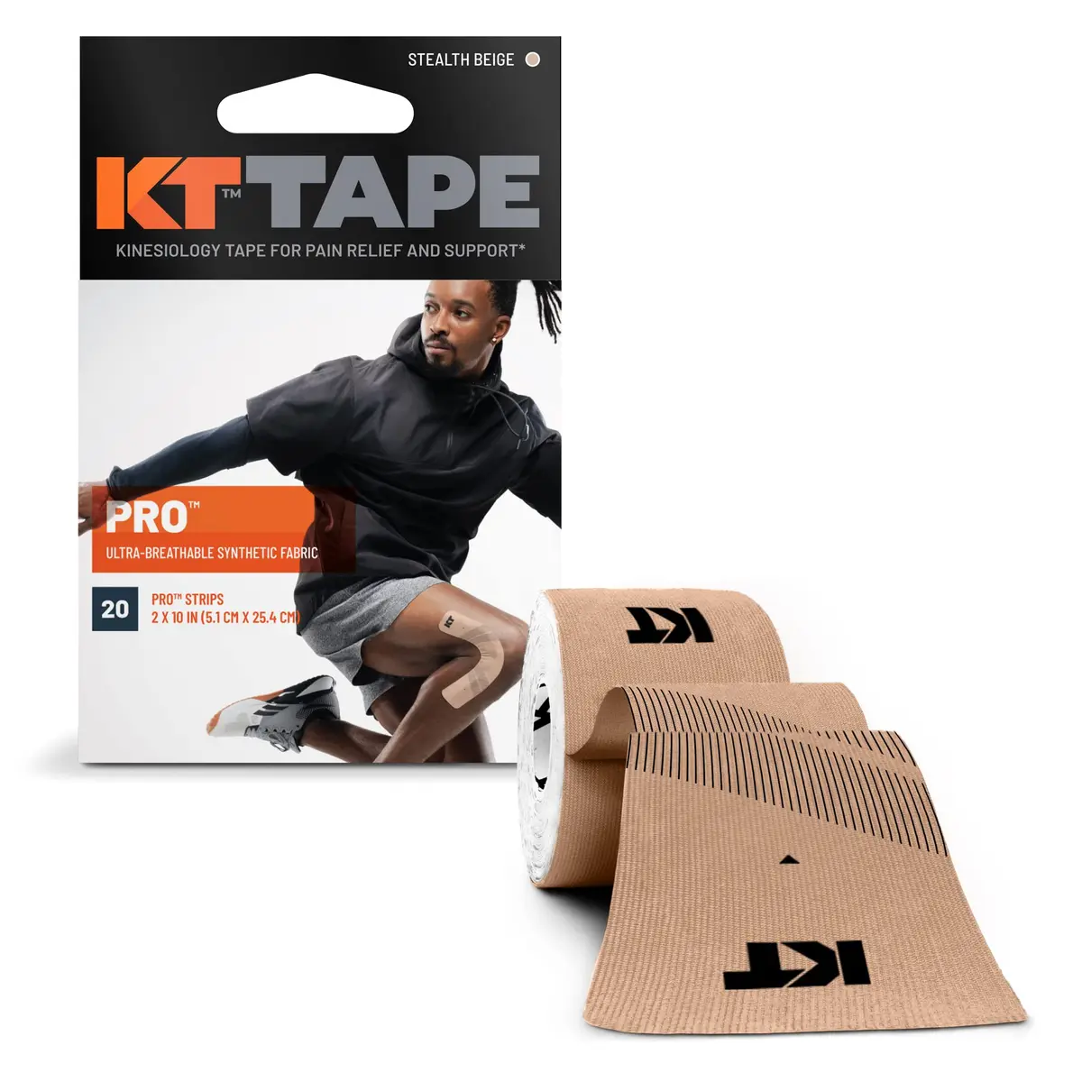 KT Tape Pro Synthetic Kinesiology Athletic Tape 20 Precut Strips 10" Stealth Beige | Supports Muscles & Joints - main product image