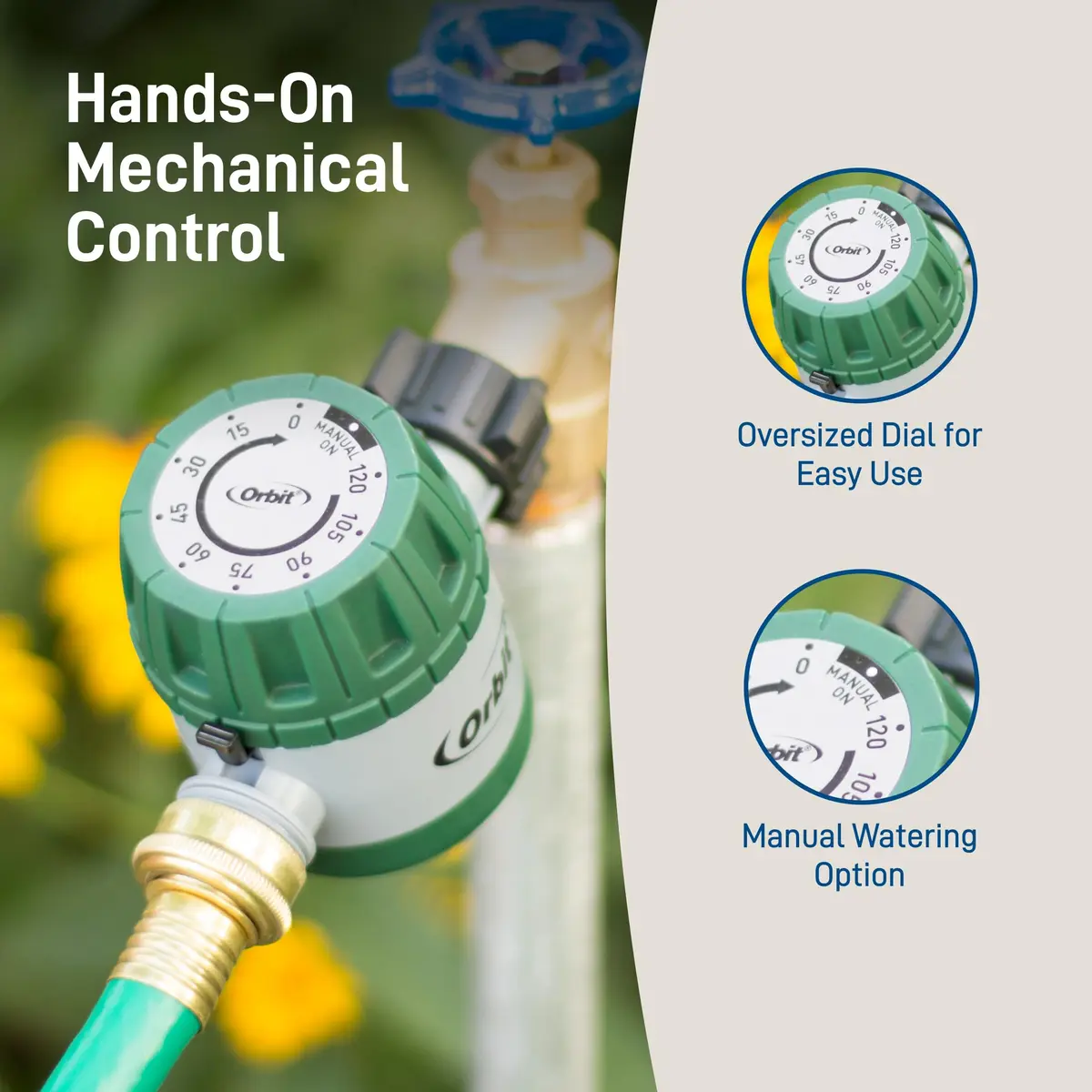 Orbit Mechanical Water Timer - Adjustable Irrigation Shutoff for Lawn & Garden Watering - Battery-Free Clockwork Hose Faucet Timer with Easy Grip Dial & Manual Bypass - view 5