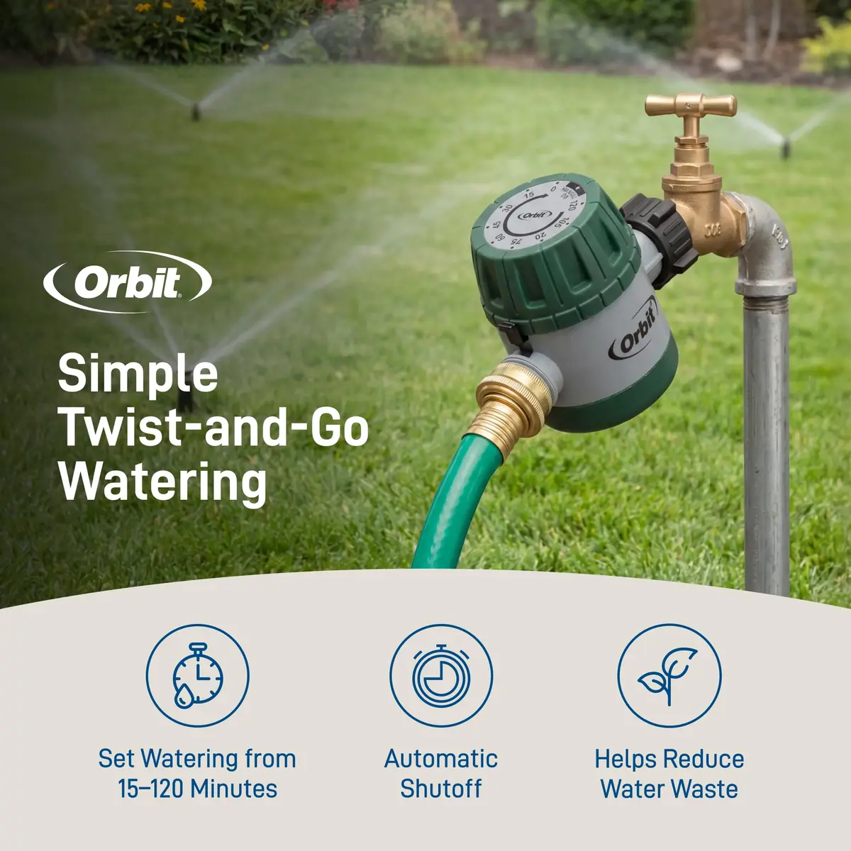 Orbit Mechanical Water Timer - Adjustable Irrigation Shutoff for Lawn & Garden Watering - Battery-Free Clockwork Hose Faucet Timer with Easy Grip Dial & Manual Bypass - view 3
