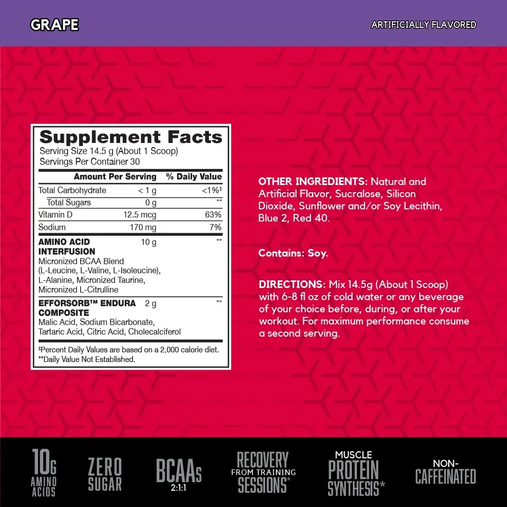 BSN Amino X Recovery Powder with BCAAs 30 Servings | Zero Sugar, Grape Flavor, 15.34 Oz - view 2