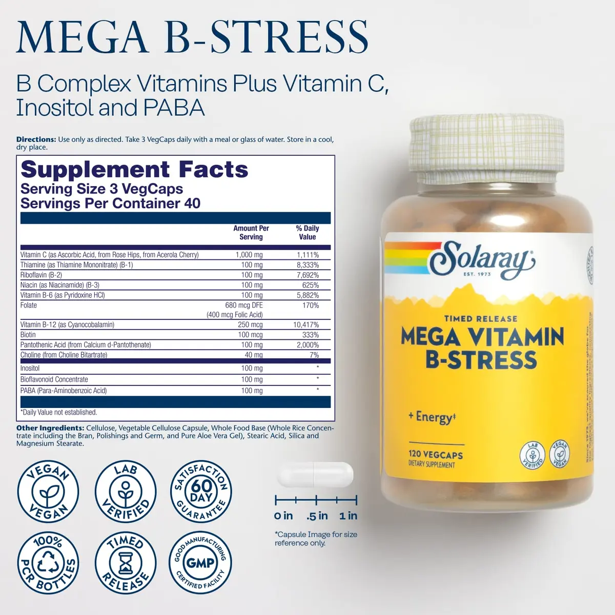 SOLARAY Mega Vitamin B-Stress Time Release, 120 VegCaps | Supports Energy & Immunity - view 2