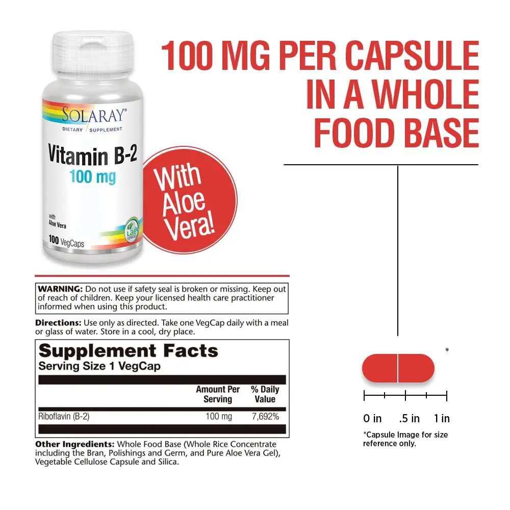 SOLARAY Vitamin B2 Supplement 100 mg | Supports Energy & Nervous System | 100 Veg Capsules - view 3