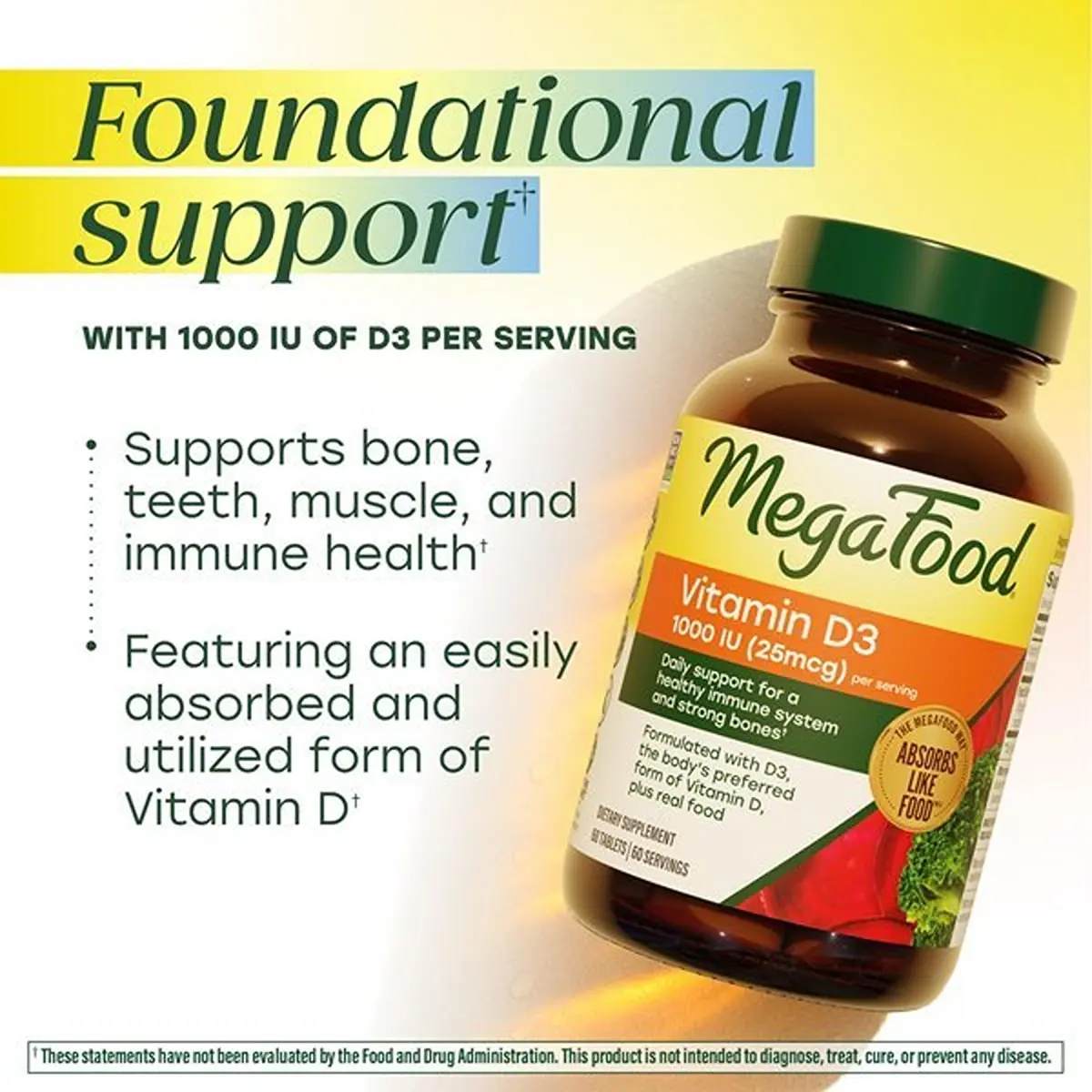 MegaFood Vitamin D3 1000 IU (25 mcg), Bone & Immune Support, 60 Tablets | Supports Bones, Teeth, Muscles & Immunity - view 4