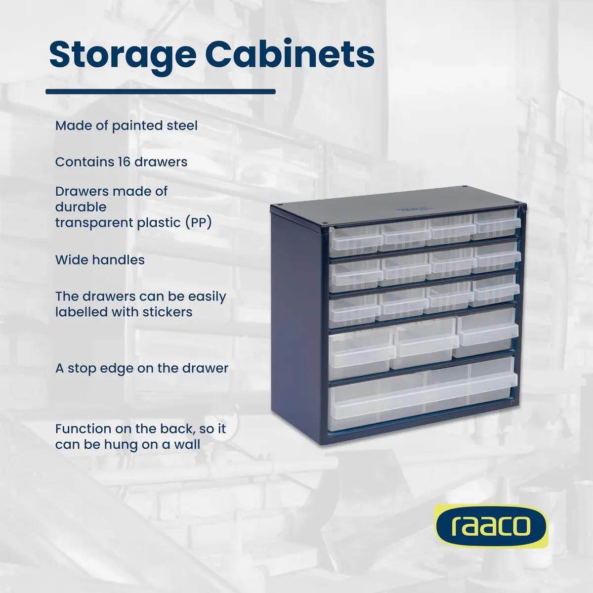 Raaco Steel Storage Cabinet, Compact 16-Drawer | Space-Saving Tool Organizer for Workshop & Garage - view 5