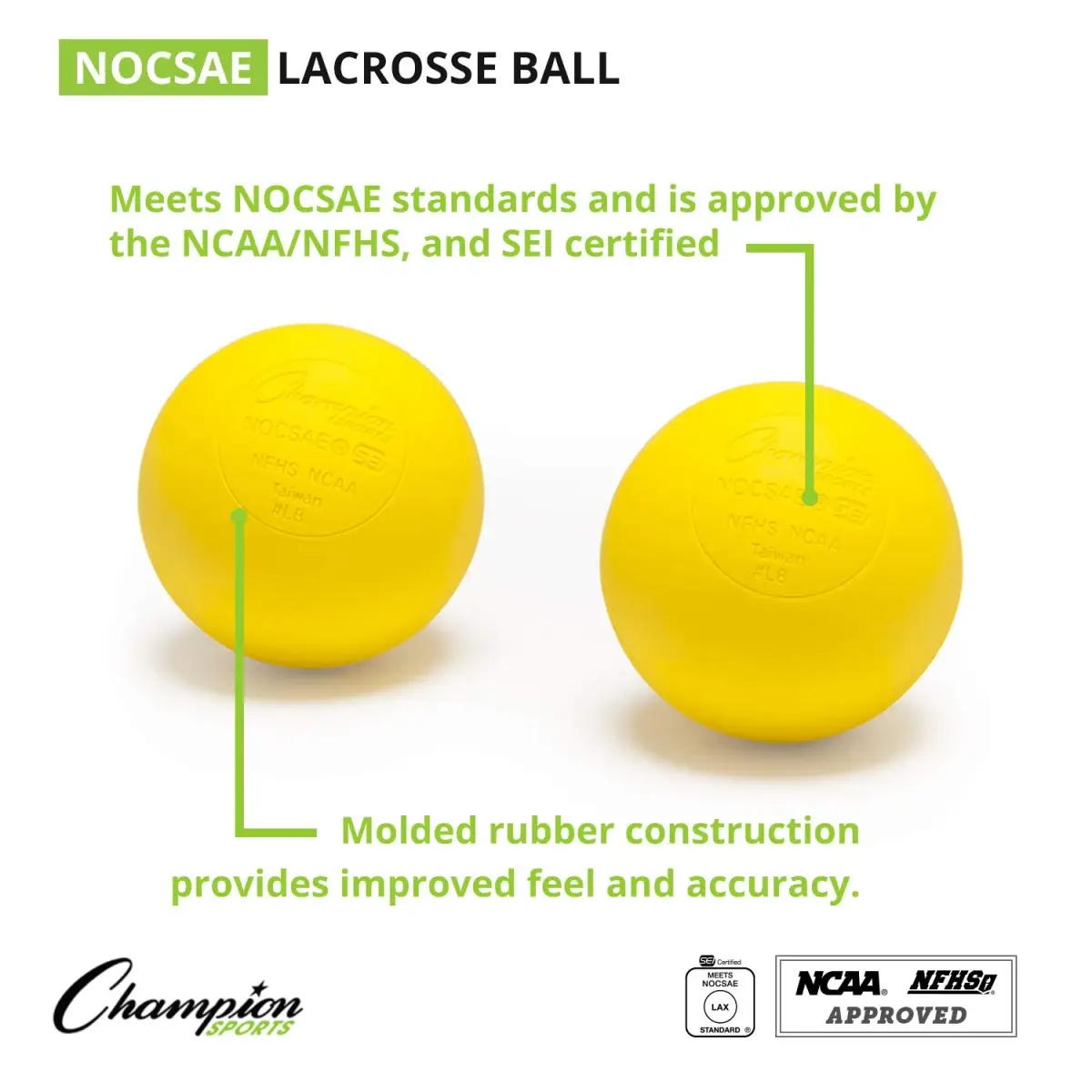Champion Sports Official Lacrosse Balls - Yellow, 1-Pack (2.5 inch Diameter) | NCAA, NFHS, SEI Certified - view 2