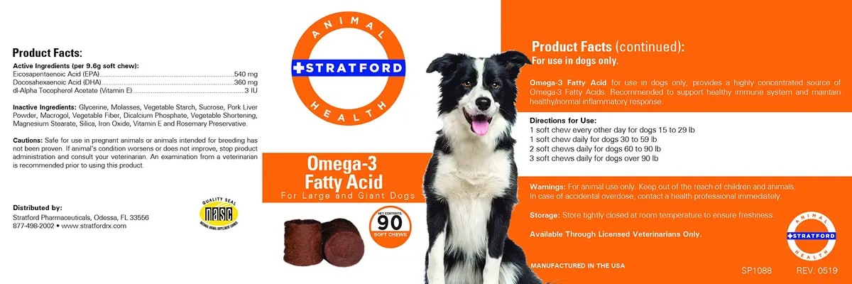 Stratford Omega 3 Soft Chews for Dogs | Max Strength Fish Oil Treats for Large & Giant Breeds (90 Chews) - main product image