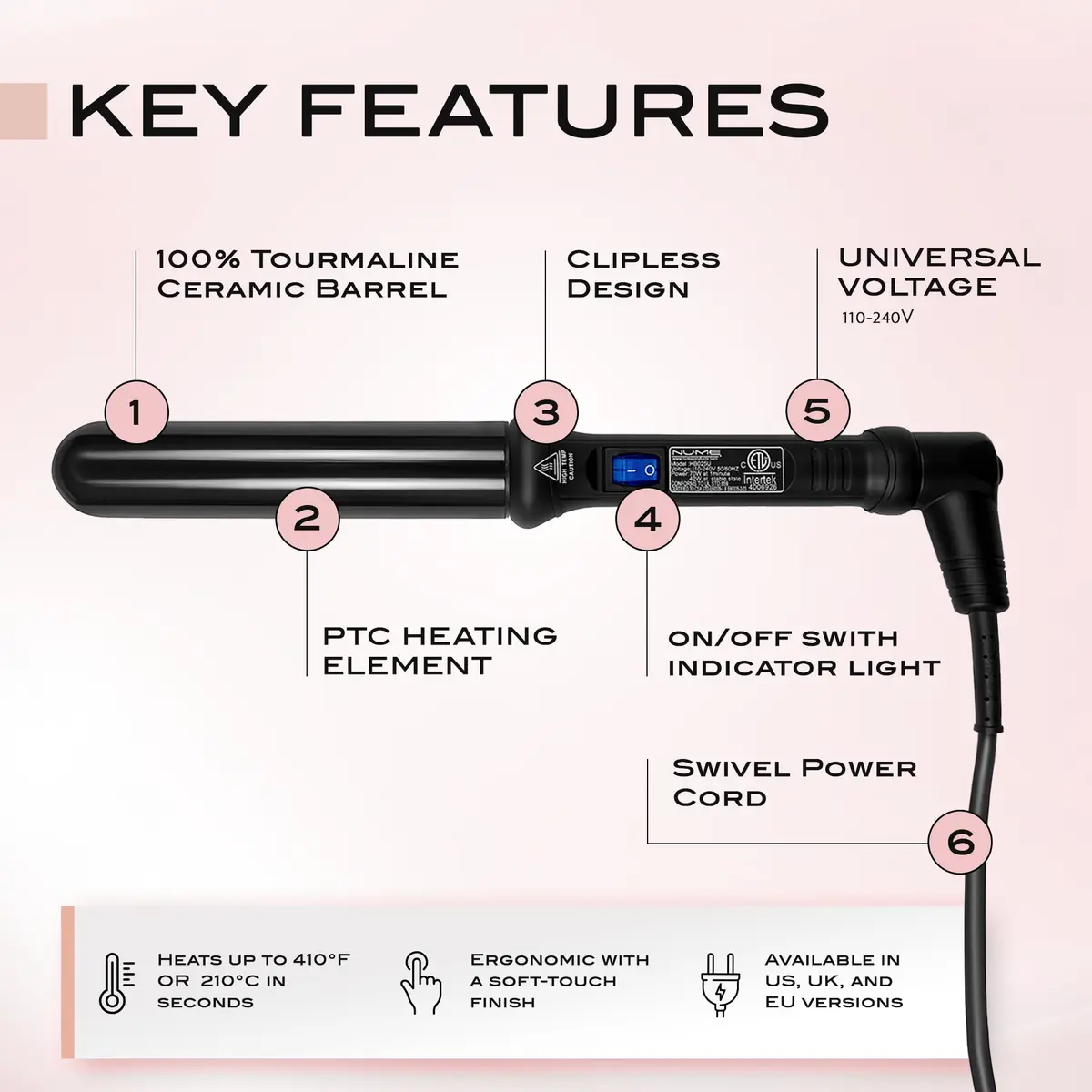 NuMe Classic Ceramic Curling Wand - Tourmaline 1.25 Inch Barrel Hair Curler, Negative Ion Conditioning, Far Infrared Heat - All Hair Types - Black - view 2