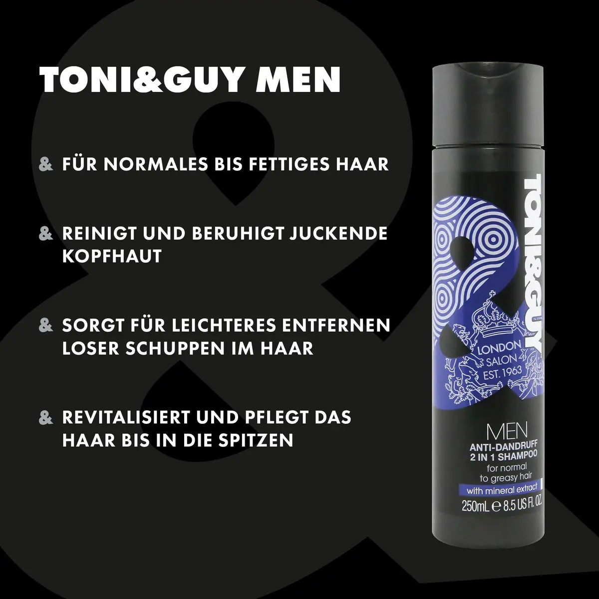 TONI&GUY Men 2 In 1 Anti-Dandruff Shampoo & Conditioner 250ml | Cleansing & Dandruff Relief - view 2