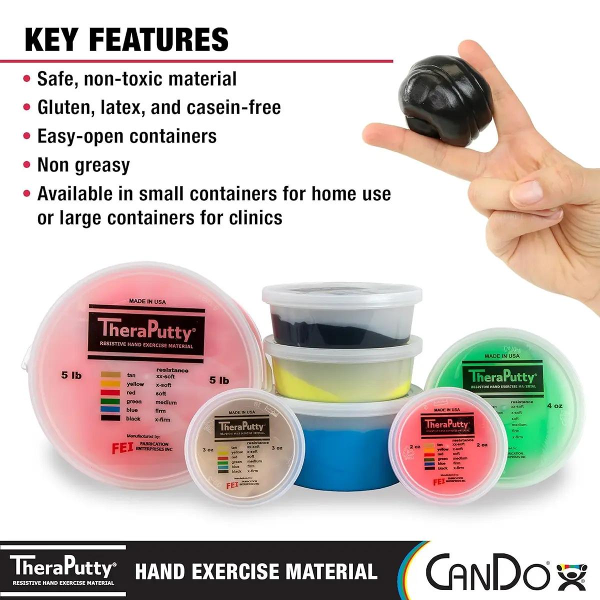 CanDo Theraputty Plus Hand Exercise Putty X-Firm Black 113g (4 oz) | Resistance for Hand Therapy & Grip Strengthening - view 5