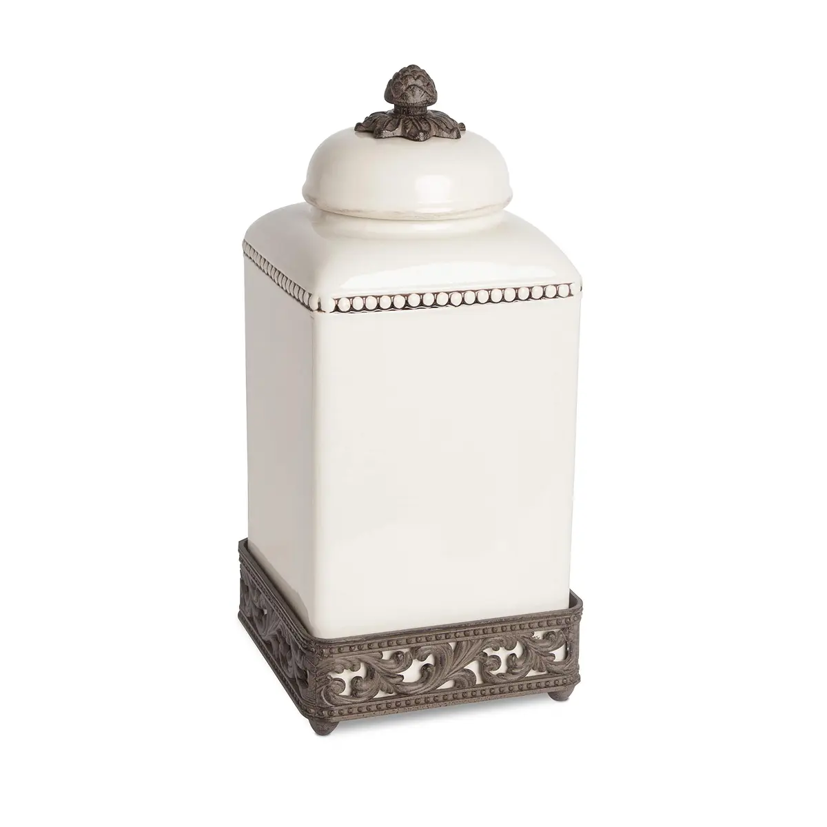 GG Collection 15-Inch Tall Cream Ceramic Canister with Acanthus Leaf Metal Base | Kitchen Storage with Old World Charm - main product image