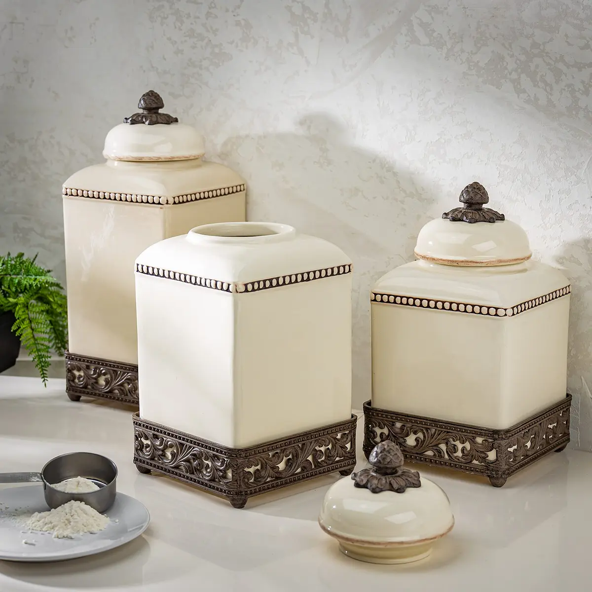 GG Collection 15-Inch Tall Cream Ceramic Canister with Acanthus Leaf Metal Base | Kitchen Storage with Old World Charm - view 7