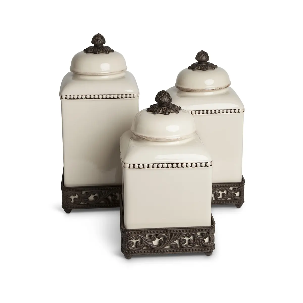 GG Collection 15-Inch Tall Cream Ceramic Canister with Acanthus Leaf Metal Base | Kitchen Storage with Old World Charm - view 2