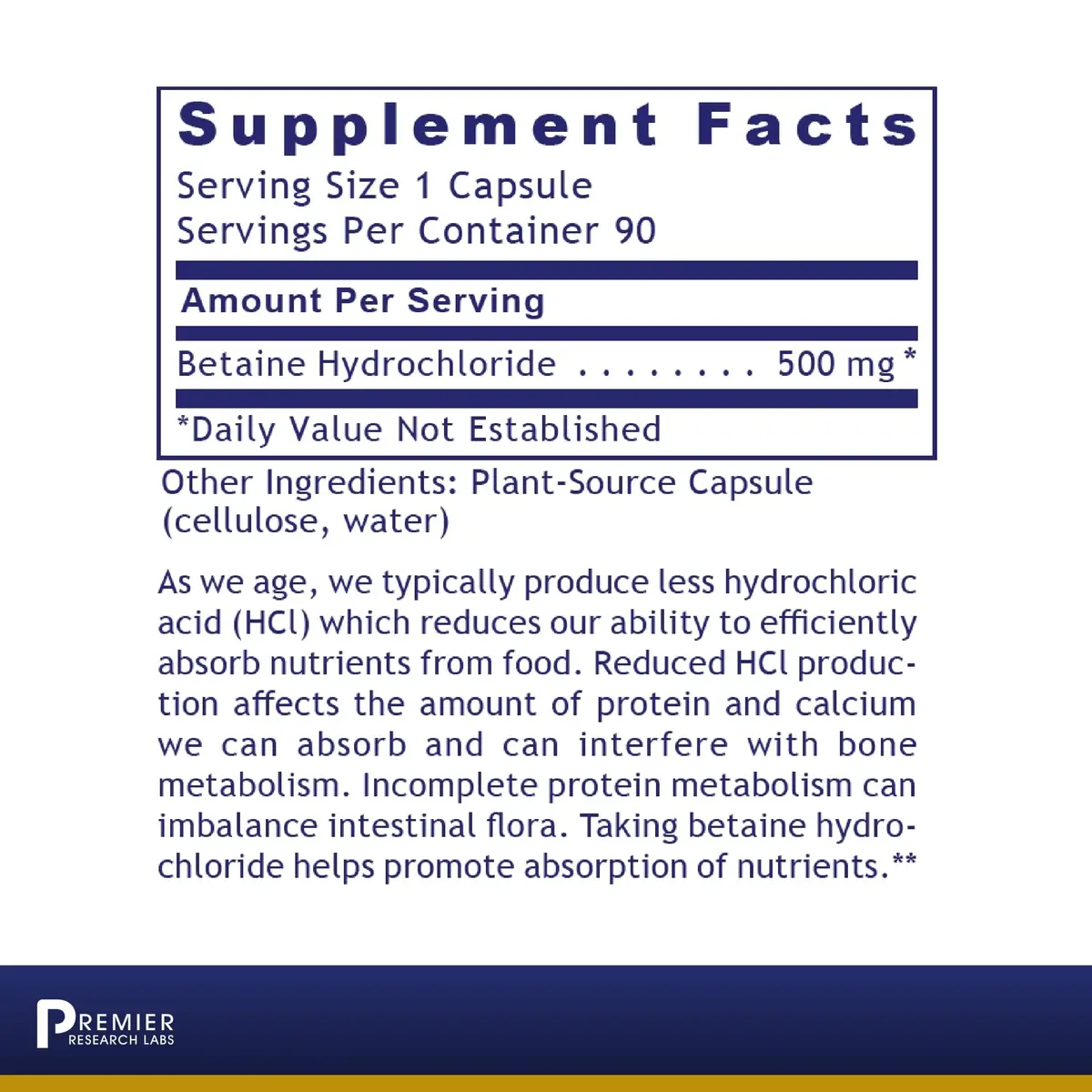 Premier Research Labs Premier HCL - Betaine HCL - 90 Vegetarian Capsules | Supports Digestion & Nutrient Absorption - view 2