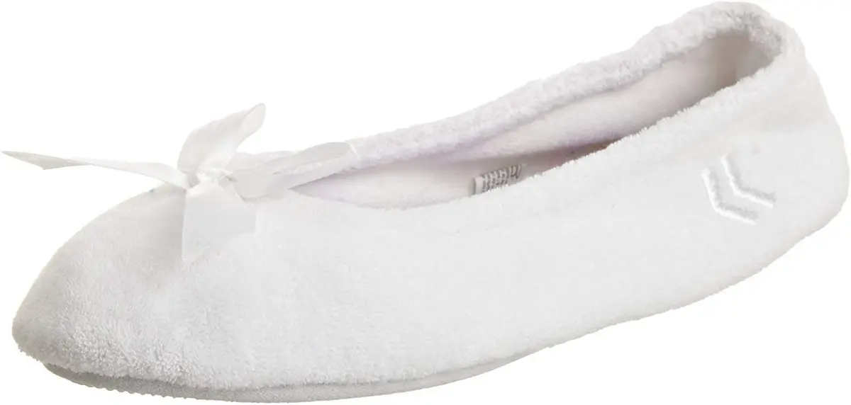isotoner Women's Indoor/Outdoor Classic Terry Ballerina Slippers with Non-slip Sole, White Stripe, 6.5-7.5 | Plush terry cloth comfort for home & outdoor use - main product image