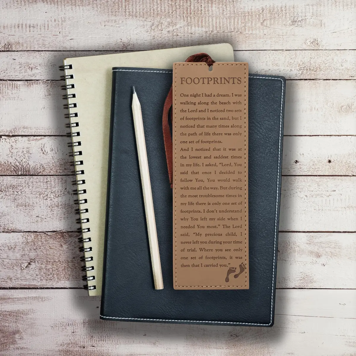 Christian Art Gifts Footprints Faux Leather Bookmark | Inspirational Faith Gift, 6.5 x 2.2 inches - view 5