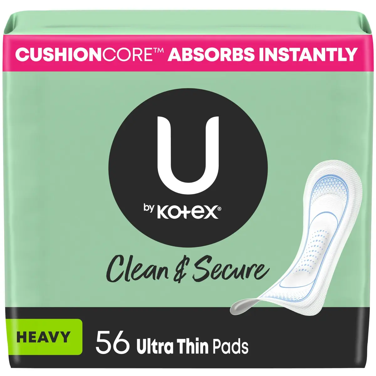 U by Kotex Clean & Secure Ultra Thin Pads Heavy Absorbency 56 Count | Dermatologist Tested & Hypoallergenic - main product image