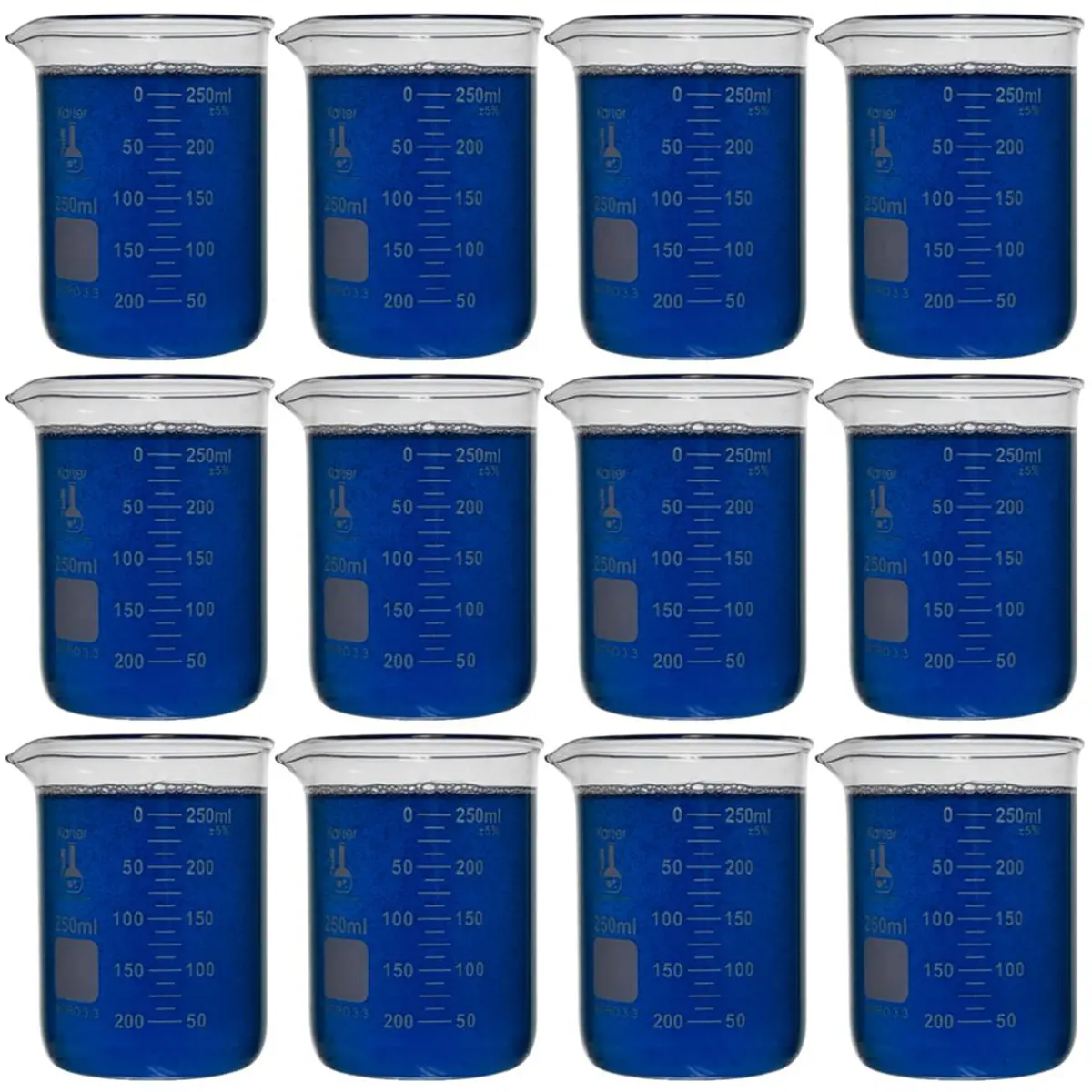 Karter Scientific 250ml Beaker, Borosilicate 3.3 Glass, Pack of 12 | Heavy-Duty, Double Scale, ASTM E960 Type I - main product image