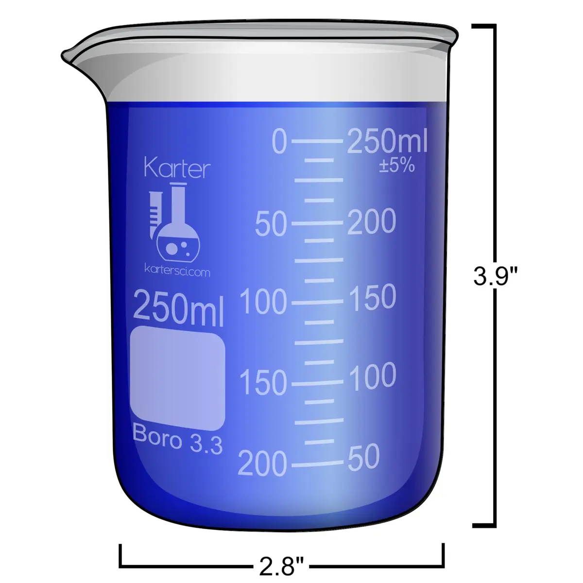 Karter Scientific 250ml Beaker, Borosilicate 3.3 Glass, Pack of 12 | Heavy-Duty, Double Scale, ASTM E960 Type I - view 2