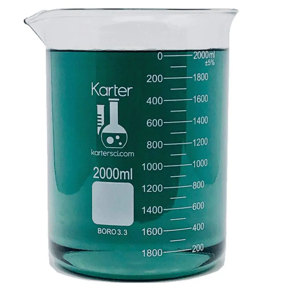 Karter Scientific 2000ml Borosilicate Glass Beaker, Low Form, Double Scale, Graduated, ASTM E960 Type I, Heavy-Duty, Beaded Rim, Spout - main product image