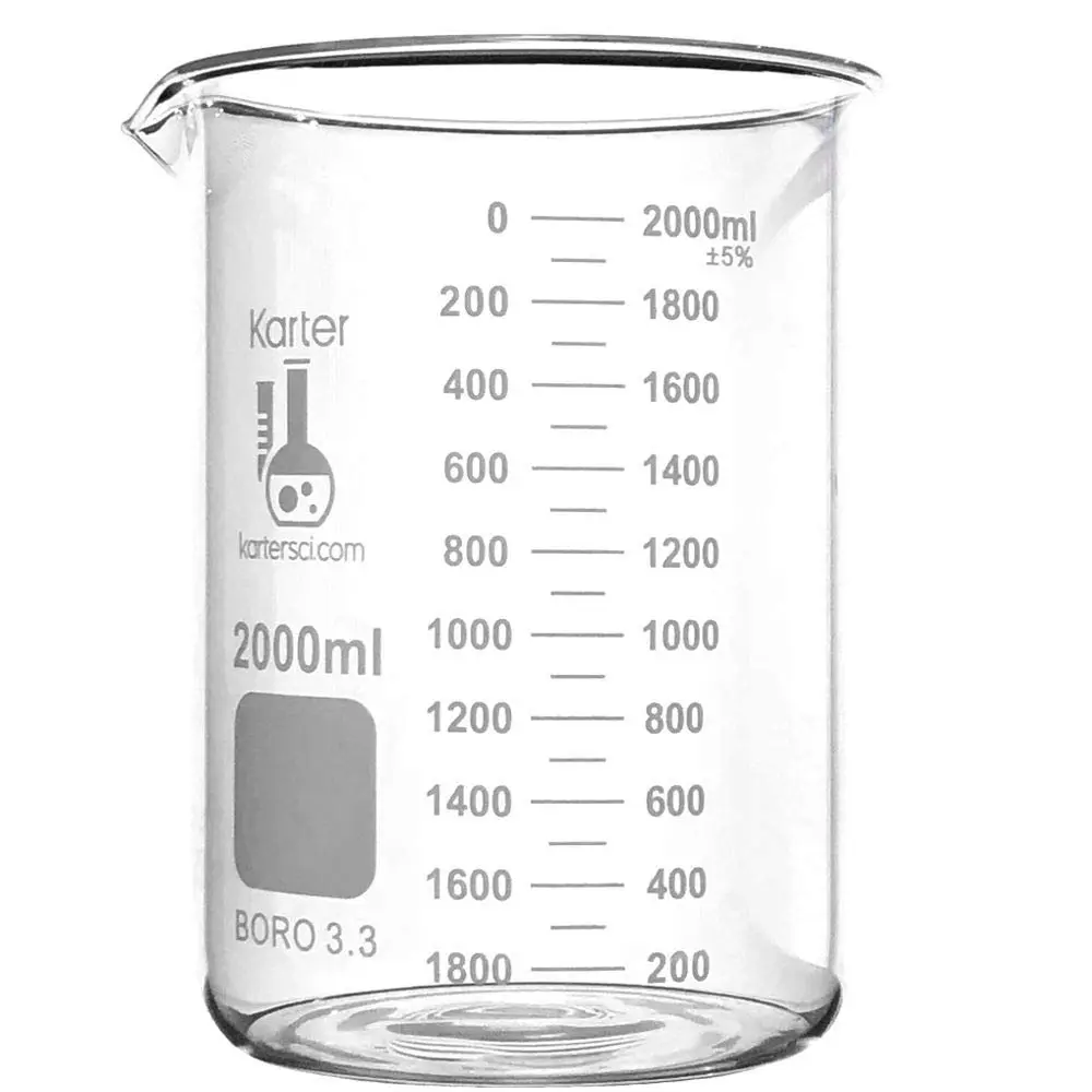 Karter Scientific 2000ml Borosilicate Glass Beaker, Low Form, Double Scale, Graduated, ASTM E960 Type I, Heavy-Duty, Beaded Rim, Spout - view 2