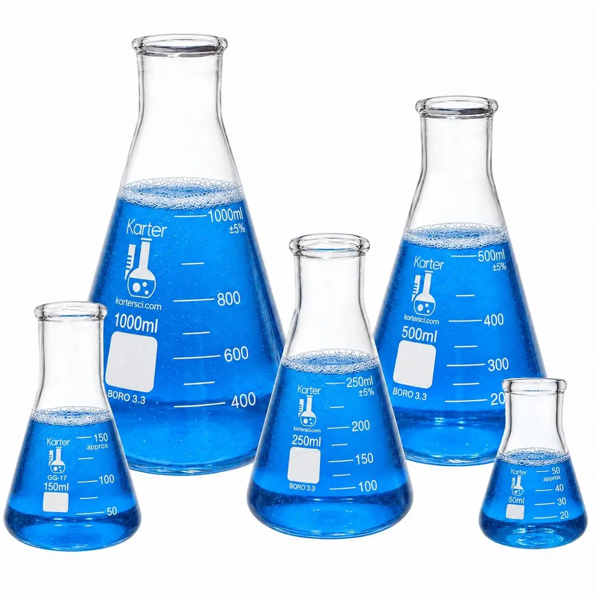 Karter Scientific Borosilicate Glass Flask Set 50ml, 150ml, 250ml, 500ml, 1L | Heavy Duty, Reusable, ASTM E960 - main product image