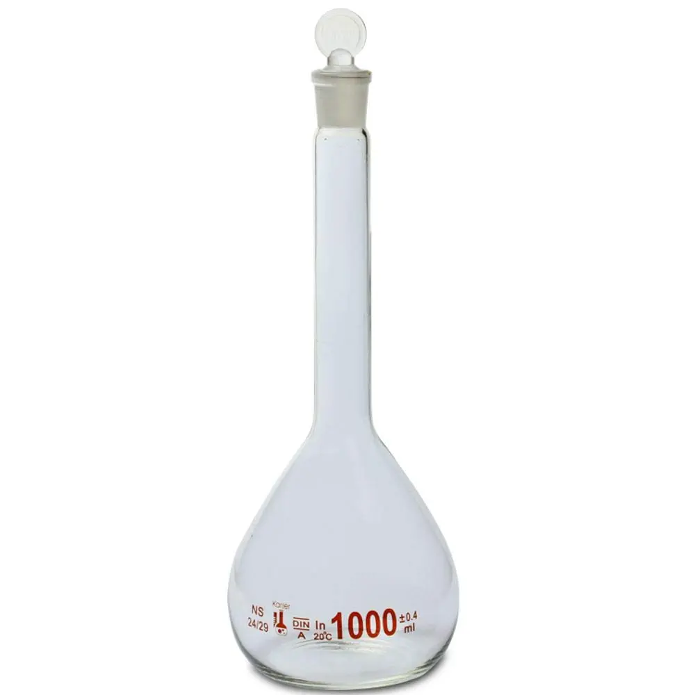 Karter Scientific 1000ml Volumetric Flask with Ground Stopper | Class A Borosilicate Glass, Flat Bottom, Accurate at +20°C - main product image