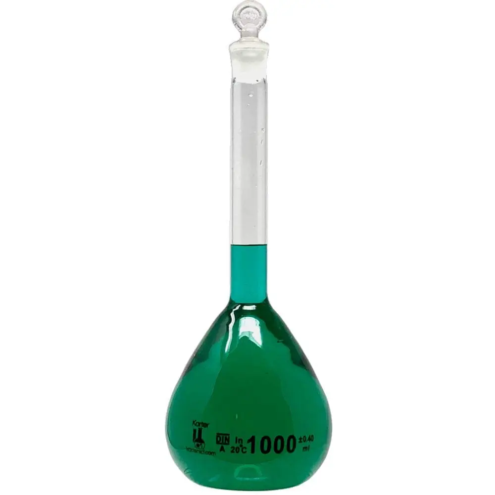 Karter Scientific 1000ml Volumetric Flask with Ground Stopper | Class A Borosilicate Glass, Flat Bottom, Accurate at +20°C - view 2