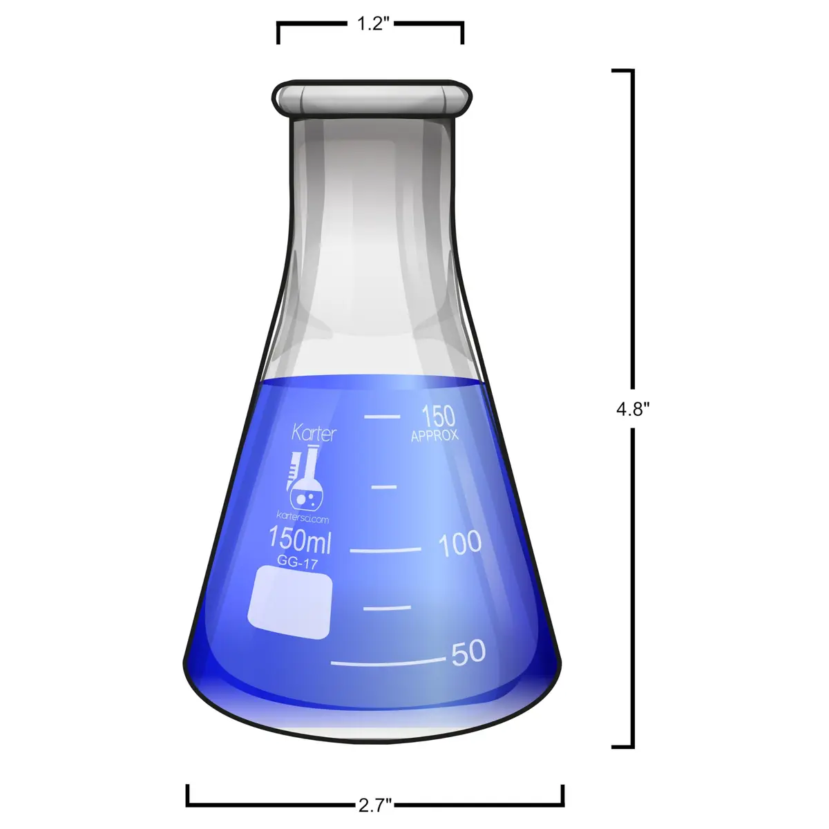 Karter Scientific 150ml Narrow Mouth Erlenmeyer Flask | 3.3 Borosilicate Glass, Heavy Duty Rim, Lab Grade - view 2