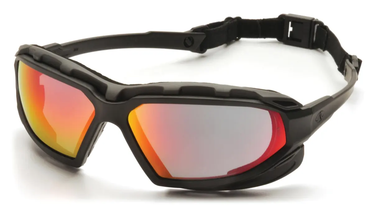 Pyramex Safety Highlander XP Eyewear, Black-Gray Frame/Sky Red Mirror Anti-Fog Lens | Impact-Resistant, Fully Adjustable - main product image