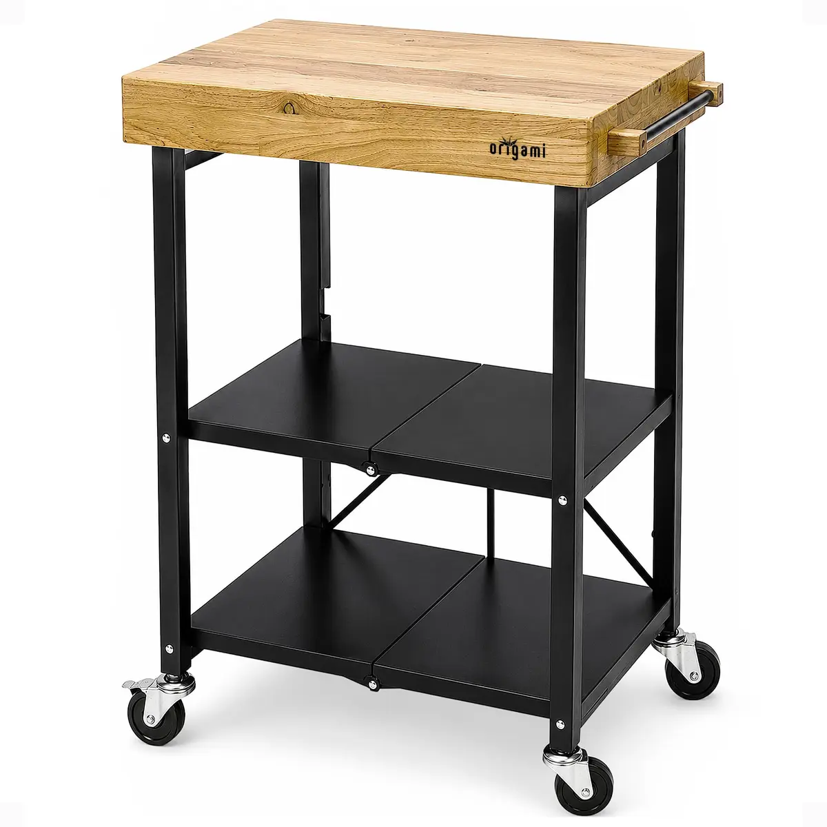 Origami RBT Series Steel-Frame Folding Kitchen Cart with Wheels, 3-Tier Shelves, Black – 200 lbs Capacity, Pre-Assembled, Portable for Indoor & Outdoor Use - main product image