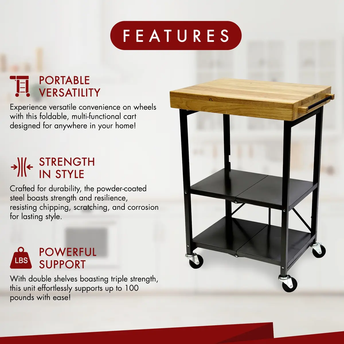 Origami RBT Series Steel-Frame Folding Kitchen Cart with Wheels, 3-Tier Shelves, Black – 200 lbs Capacity, Pre-Assembled, Portable for Indoor & Outdoor Use - view 2