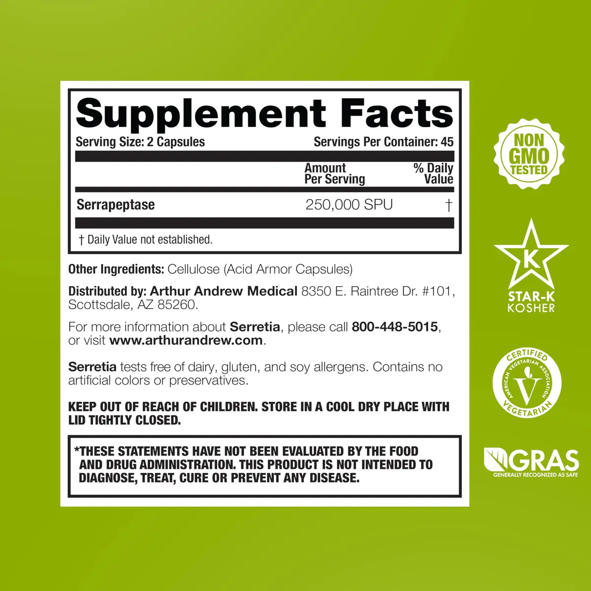 Arthur Andrew Medical Serretia 90 Capsules | Pure Serrapeptase Enzyme for Recovery & Sinus Support - view 2