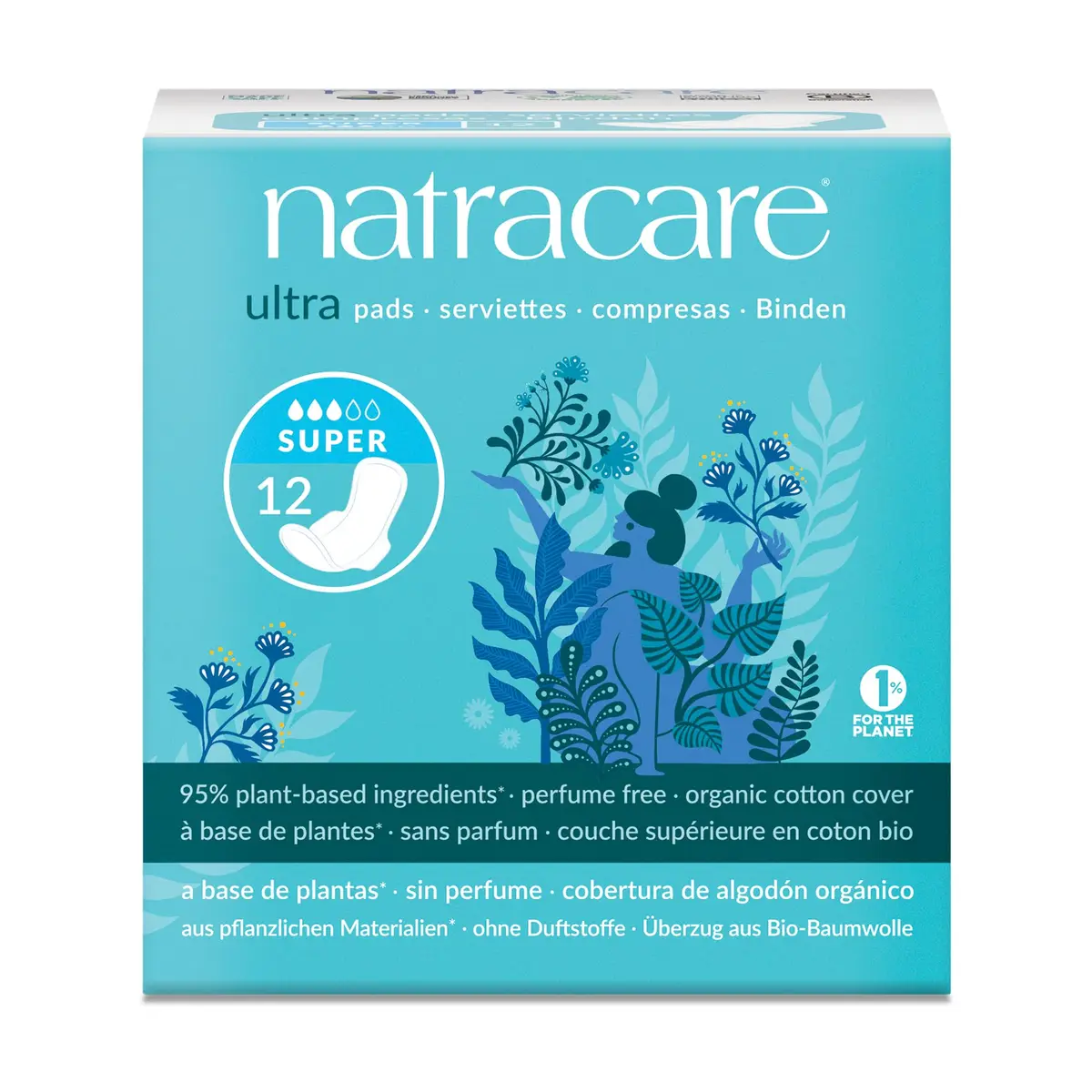 Natracare Slim Fitting Ultra Pads with Wings, Super, 12 Pads (10.5 cm x 24 cm) | Certified Organic Cotton, Plastic-Free - main product image