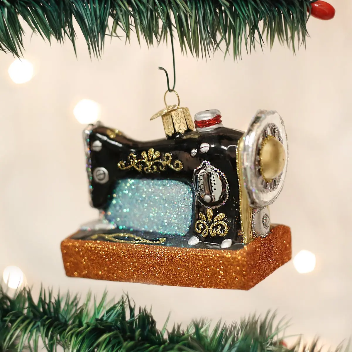 Old World Christmas Sewing Machine Tree Ornament | Vintage Hand-Painted Glass Decor (2.75 in) - view 2