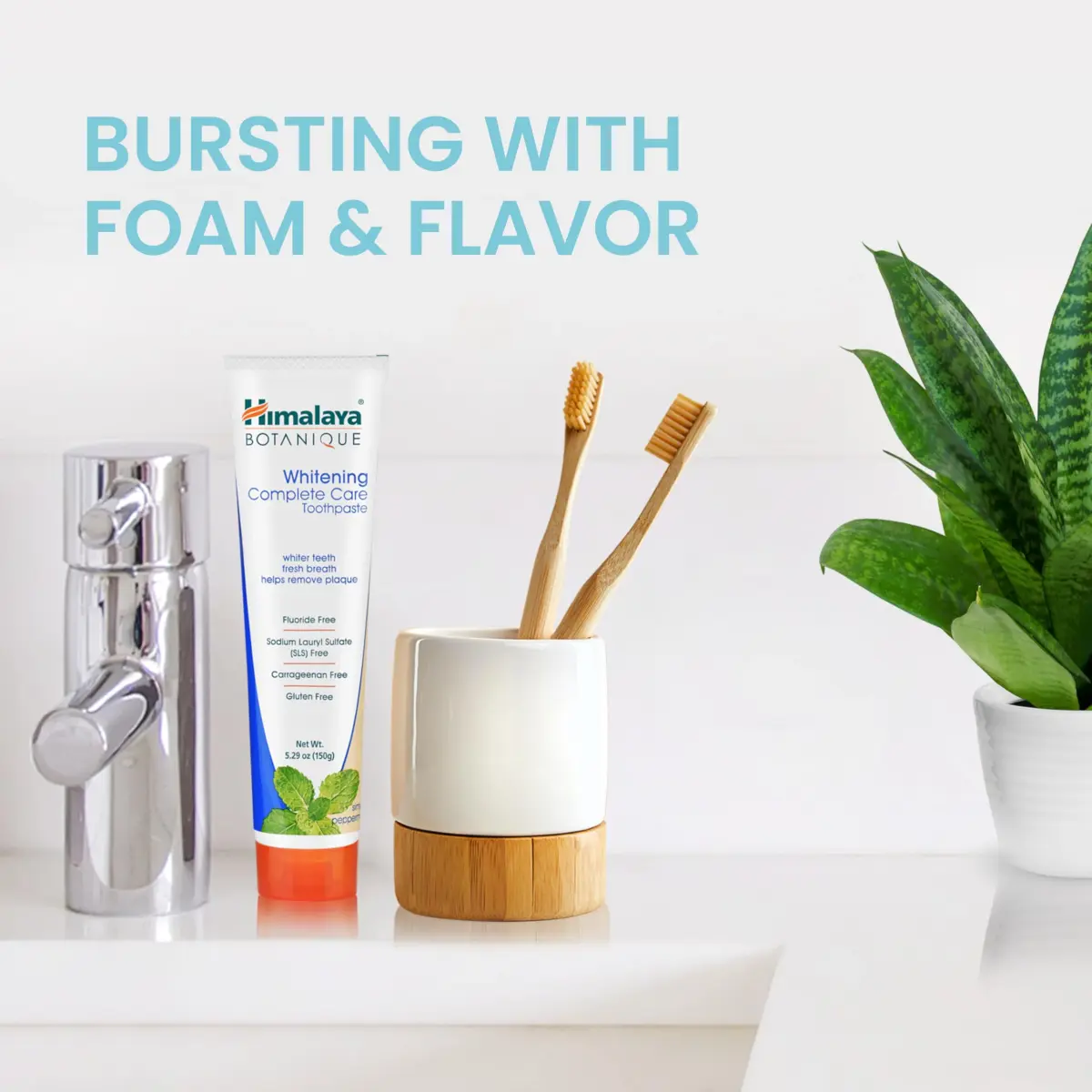 Himalaya Botanique Whitening Complete Care Toothpaste Peppermint 150g (5.29 oz) | Fluoride-Free Whitening & Plaque Control - view 6