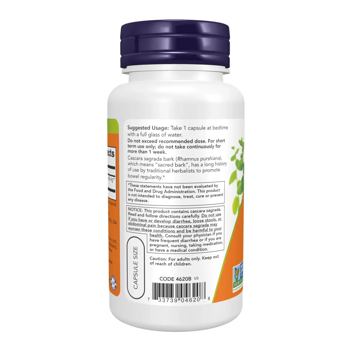 NOW Foods Cascara Sagrada 450 mg Herbal Regularity Supplement 100 Veg Capsules | Promotes Bowel Function - view 3