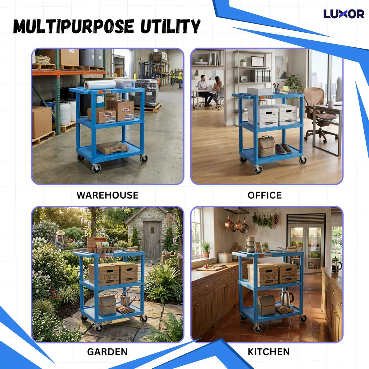 Luxor HE34-BU Utility Cart - 3 Shelves Structural Foam Plastic | Durable Office & Classroom Organizer - view 8