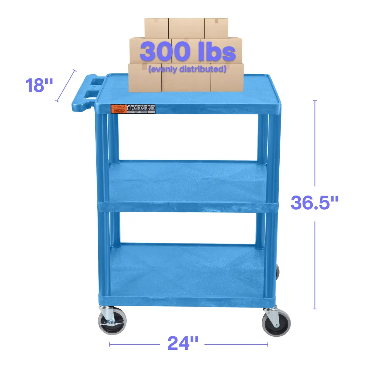 Luxor HE34-BU Utility Cart - 3 Shelves Structural Foam Plastic | Durable Office & Classroom Organizer - view 2