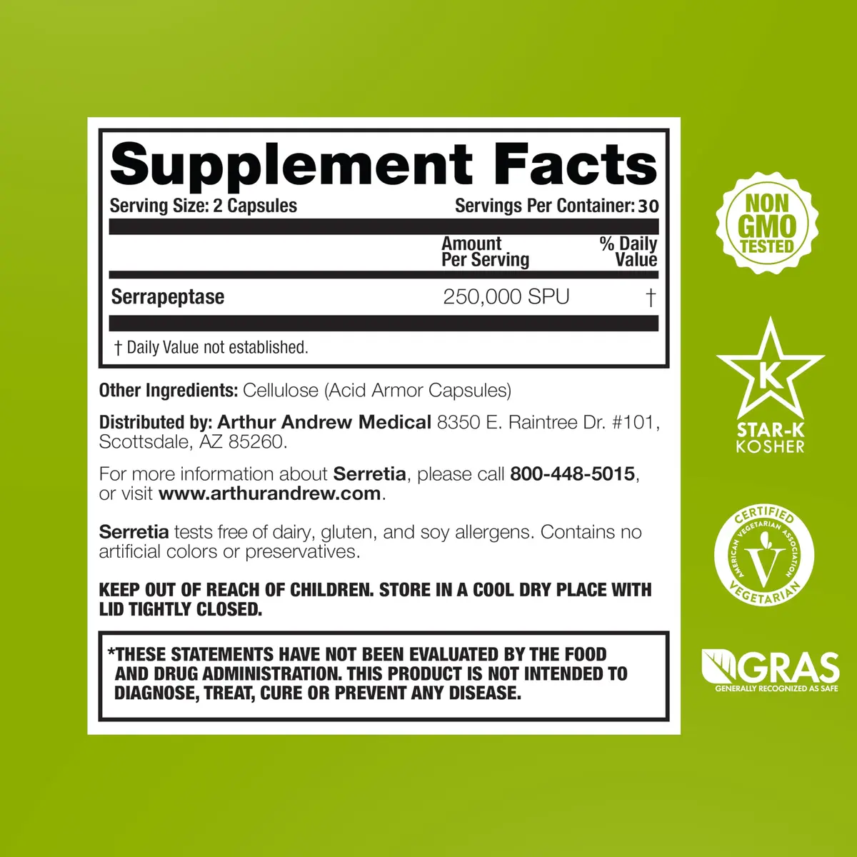 Arthur Andrew Medical Serretia 60 Capsules | Pure Serrapeptase Enzyme for Recovery & Sinus Support - view 2