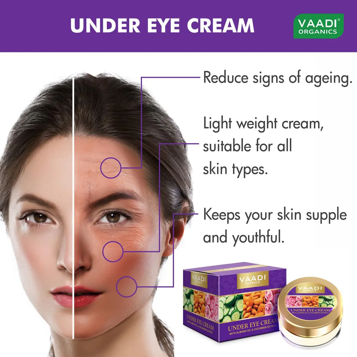 Vaadi Herbals Natural Under Eye Cream 30g (1.06 oz) | Reduces Fine Lines & Wrinkles - view 2
