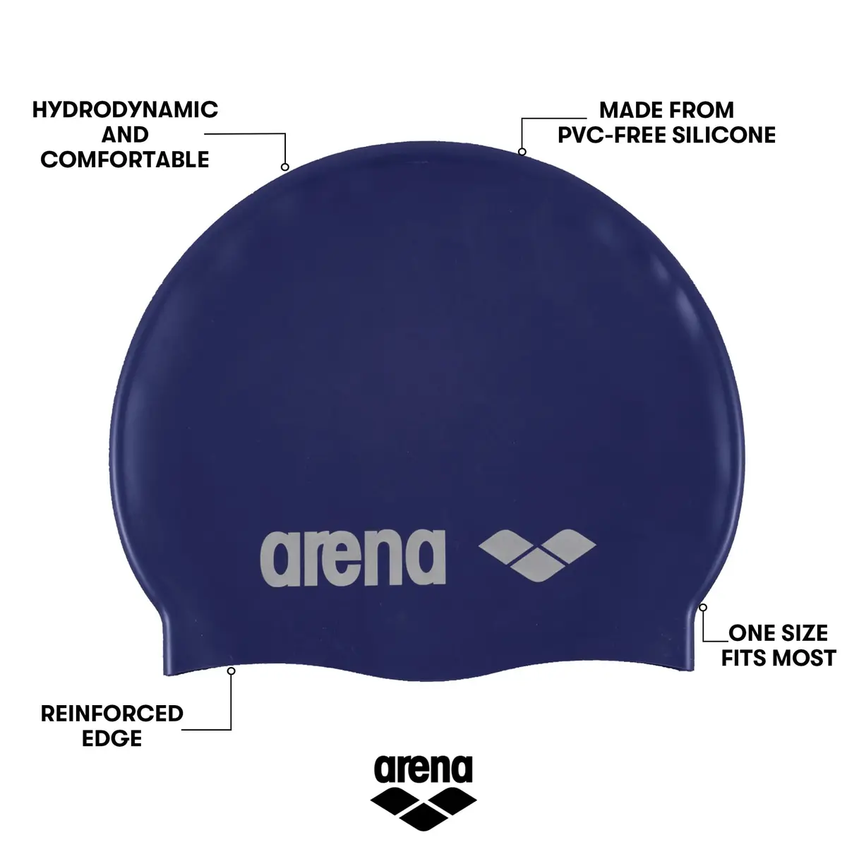 Arena Classic Unisex Soft Silicone Swim Cap for Women and Men, Intensive Training and Racing Comfortable Non-Slip Long Hair Swimming Hat, Denim/Silver - view 2