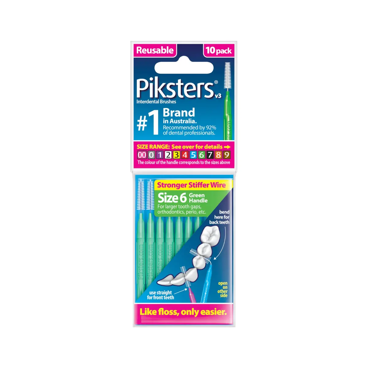Piksters Interdental Brush Extra Large Gaps 10 Pack Green Size 6 | Dentist Recommended for Plaque Removal - main product image