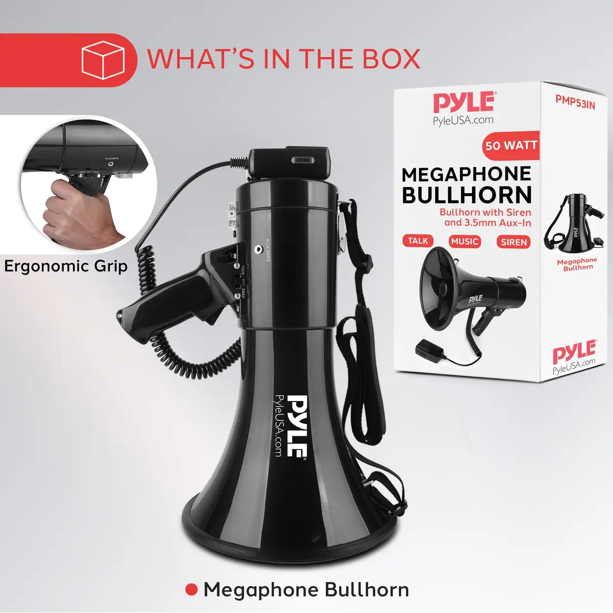 Pyle 50W Megaphone Speaker PA Bullhorn Built-in Siren, 1554 Meters Range | Portable Outdoor Sound System - view 7