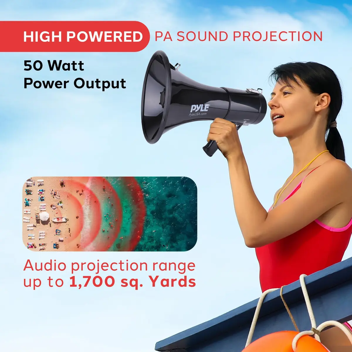 Pyle 50W Megaphone Speaker PA Bullhorn Built-in Siren, 1554 Meters Range | Portable Outdoor Sound System - view 2